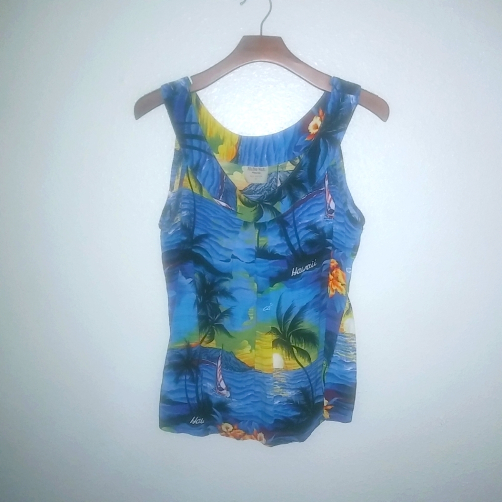 Aloha Hut Hawaii M Blue Ocean Shore Scene Tank Top